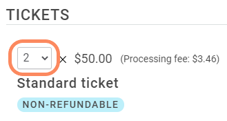 Image showing ticket quantity dropdown after adjusting the amount.