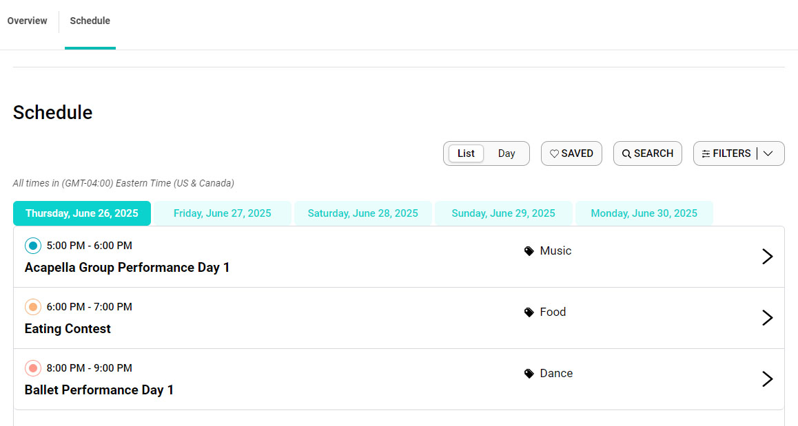 Screenshot of an event schedule on www.eventeny.com