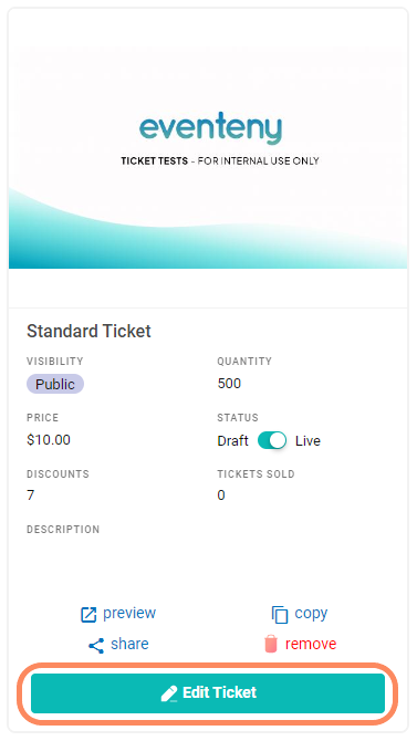 Image showing where to cick to edit an individual ticket on the tickets page.