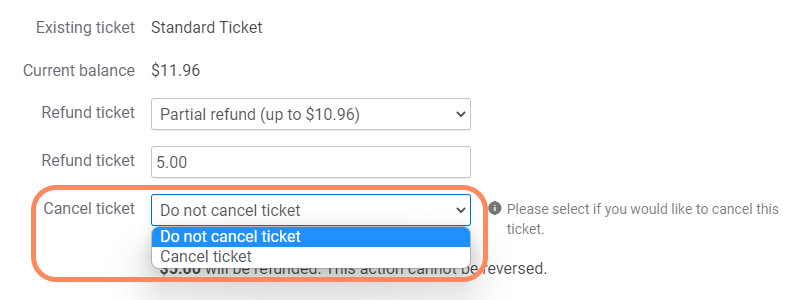 Image showing where to select whether or not to cancel the ticket.