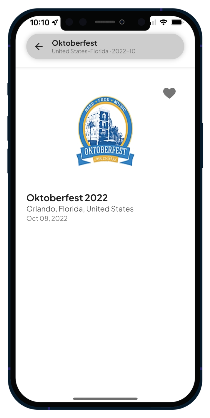  A mobile screen displaying search results for 'Oktoberfest'. The result shows 'Oktoberfest 2022' in Orlando, Florida, United States, with the event date 'Oct 08, 2022'. The event logo is visible with a heart icon for saving the event.