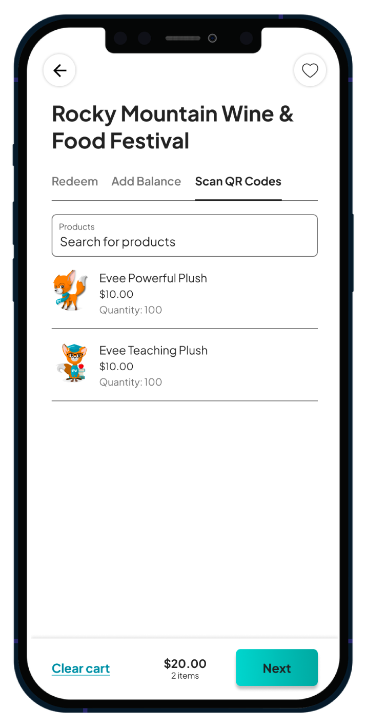A mobile screen showing the 'Rocky Mountain Wine & Food Festival' page with the 'Scan QR Codes' tab active. It displays two products: 'Evee Powerful Plush' and 'Evee Teaching Plush', each priced at $10.00 with a quantity of 100. Options to 'Clear cart' and proceed to the 'Next' button are at the bottom.