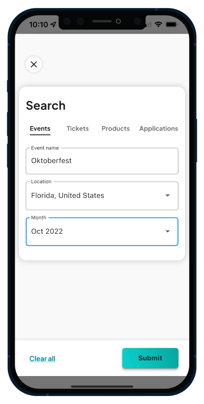 A mobile screen showing a search interface with tabs for 'Events', 'Tickets', 'Products', and 'Applications'. The 'Events' tab is active with search filters including 'Event name' set to 'Oktoberfest', 'Location' set to 'Florida, United States', and 'Month' set to 'Oct 2022'. There are options to 'Clear all' and 'Submit'.