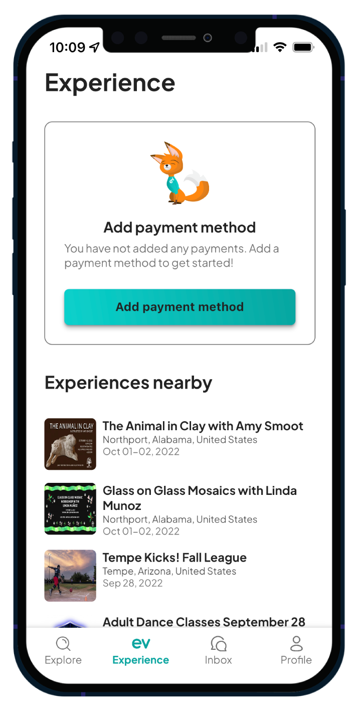 Mobile app screen showing the 'Experience' tab with a prompt to add a payment method and a list of nearby experiences such as 'The Animal in Clay' and 'Glass on Glass Mosaics. The 'Add Payment' button is available