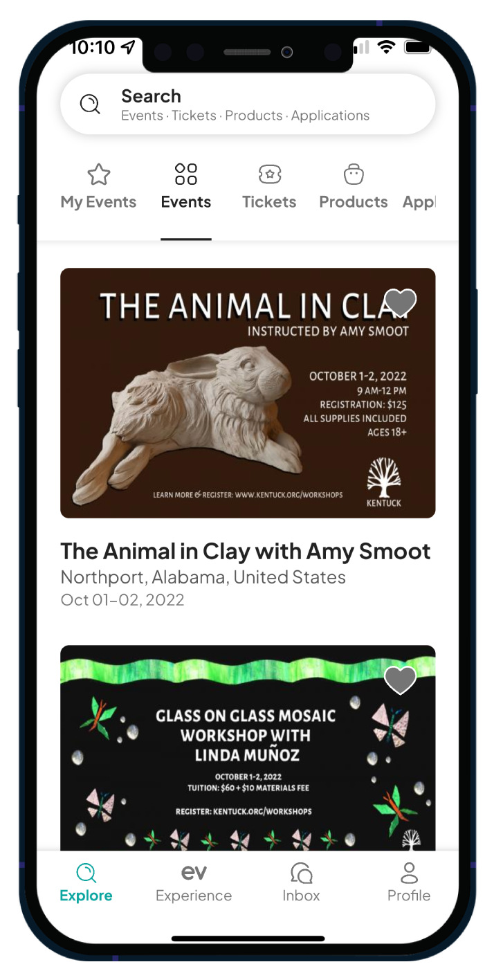 Mobile app screen under the 'Events' tab, showcasing the 'The Animal in Clay with Amy Smoot' event and other event options.