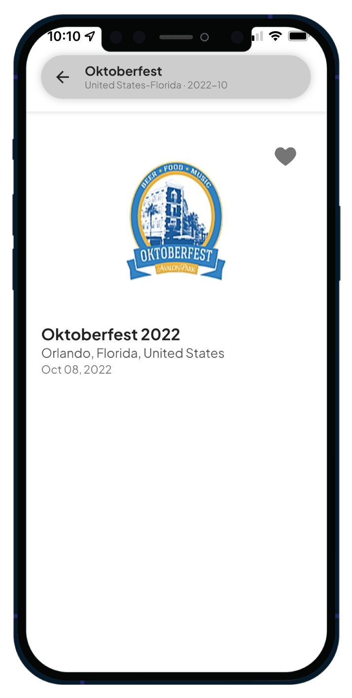 Mobile app screen showing the Oktoberfest 2022 event in Orlando, Florida, with the event logo and date information.