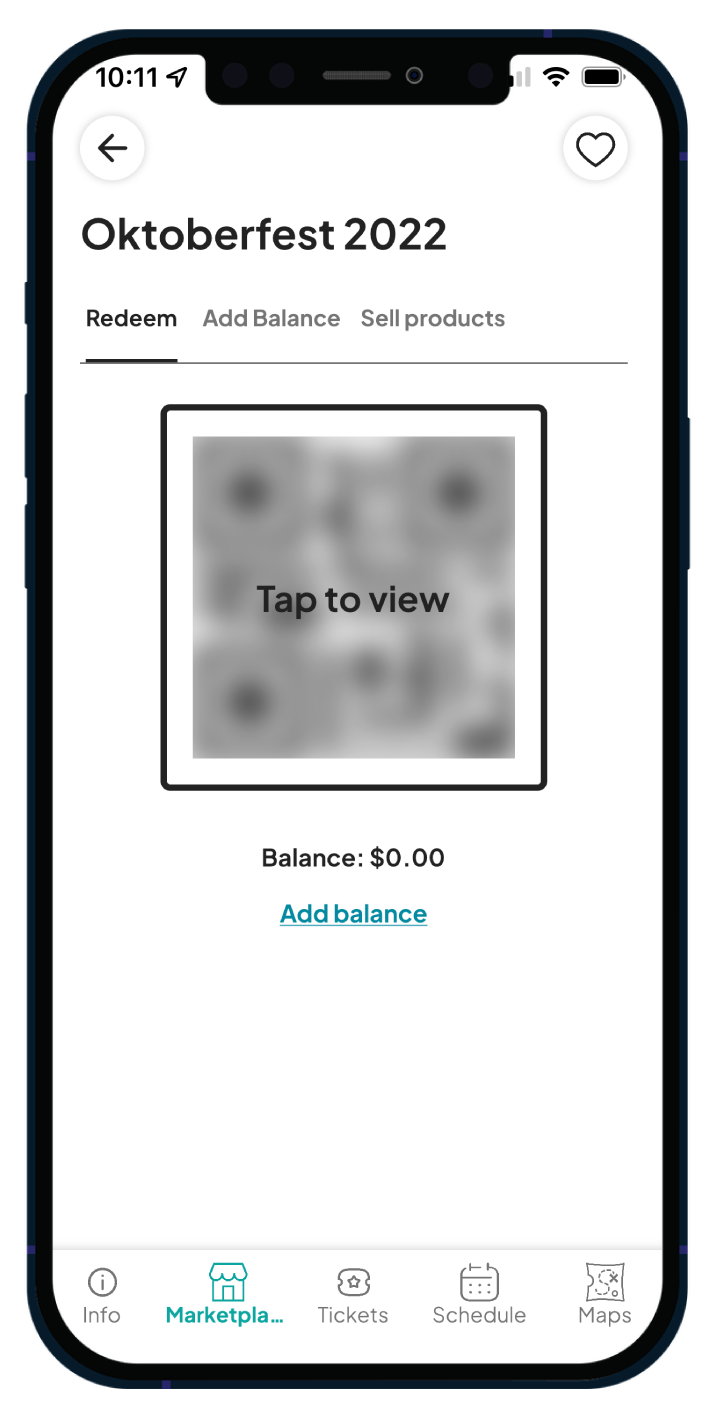 Mobile app screen showing the 'Marketplace' tab for Oktoberfest 2022, with options to redeem, add balance, or sell products, and a prompt to 'Add balance.'
