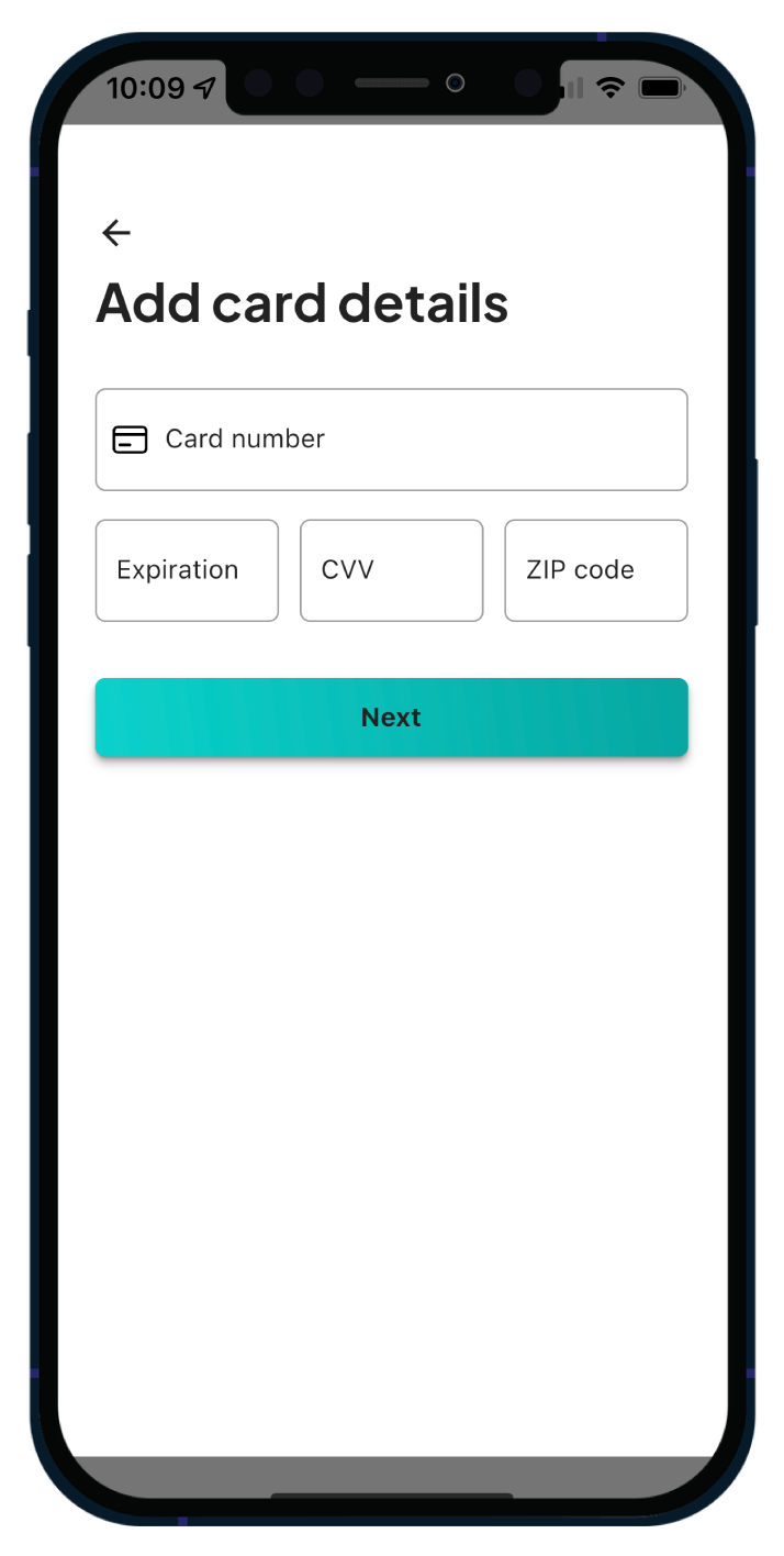 Mobile app screen displaying fields to enter card details, including card number, expiration, CVV, and ZIP code, with a 'Next' button at the bottom.