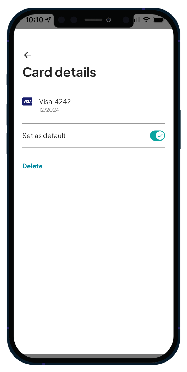 Mobile app screen showing card details for Visa ending in 4242, with options to set the card as default or delete it.