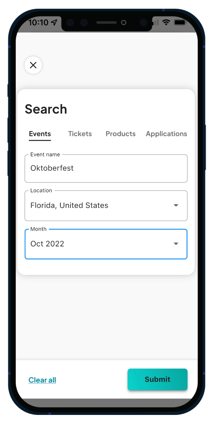 Mobile app screen showing the search interface with fields to search for events by name, location, and month, currently set to Oktoberfest in Florida, United States, October 2022.