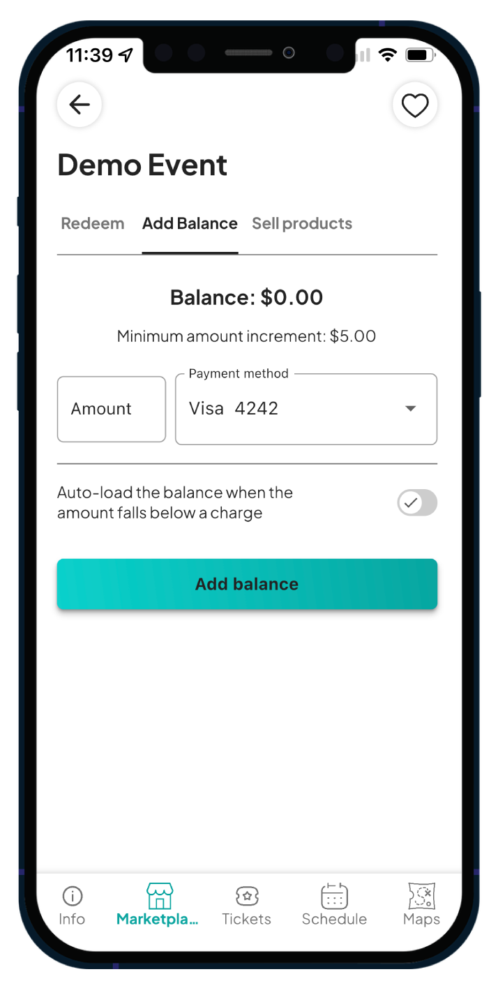 Mobile app screen for a demo event under the 'Add Balance' section, allowing users to enter an amount and choose a payment method, with an option to auto-load the balance.