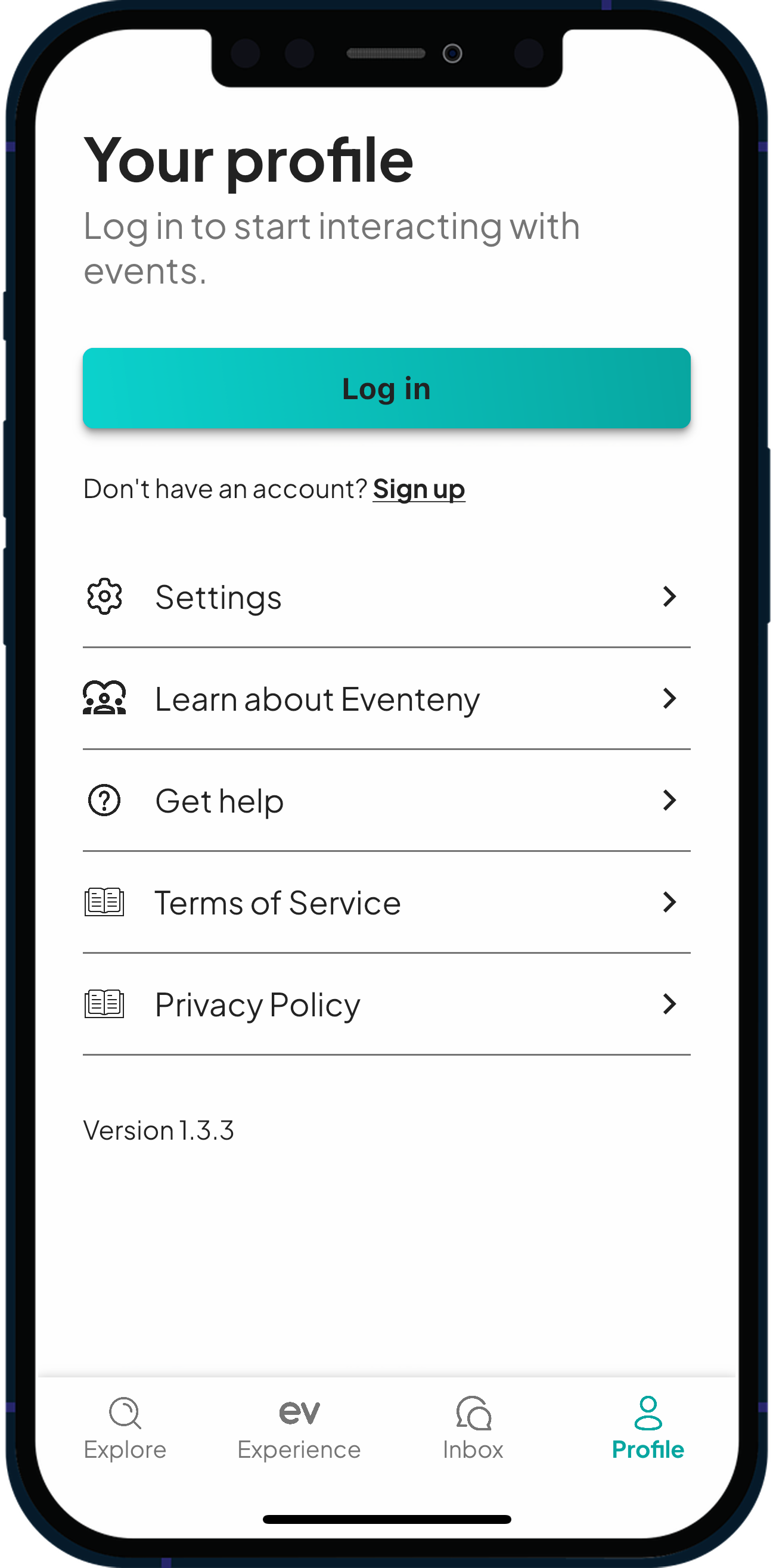 Mobile app screen displaying the user profile section with a prompt to log in to start interacting with events. Options include settings, learning about Eventeny, getting help, terms of service, and privacy policy. The navigation bar shows the profile icon selected.