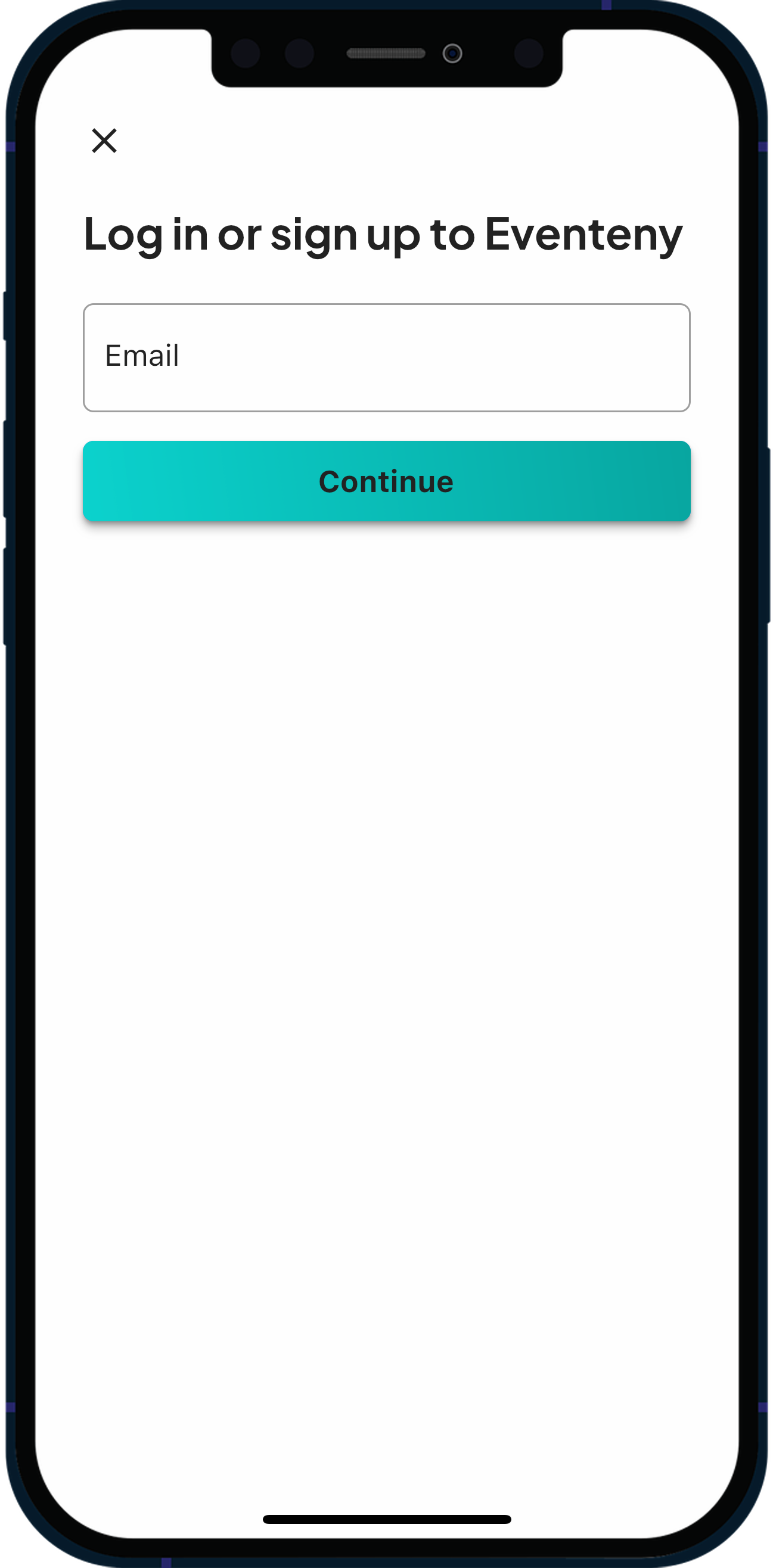 Mobile app screen with a log in or sign up prompt. The page has an email input field and a teal button labeled Continue.